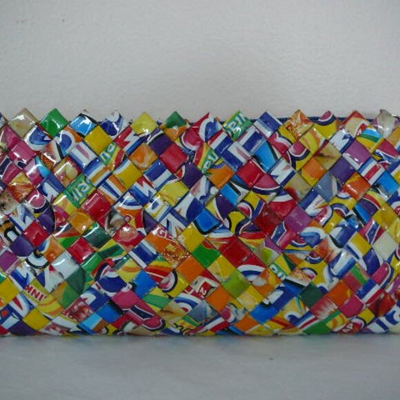 Handmade Vintage Recycled Gum/Candy/Juice Wrappers Clutch- Blue Zipper Closure - Picture 2 of 4